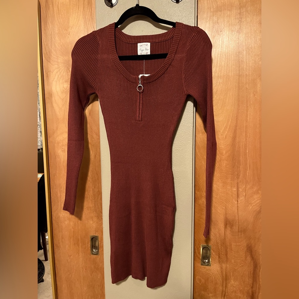 Hippie Rose brown half zip body con sweater dress